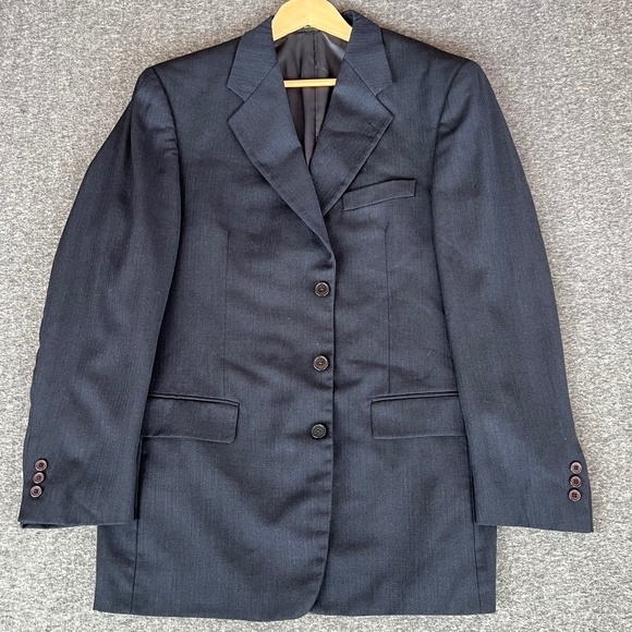 VTG Monsieur Givenchy Mens Navy Herringbone Union Blazer 44(est) Classic Preppy - Picture 1 of 16